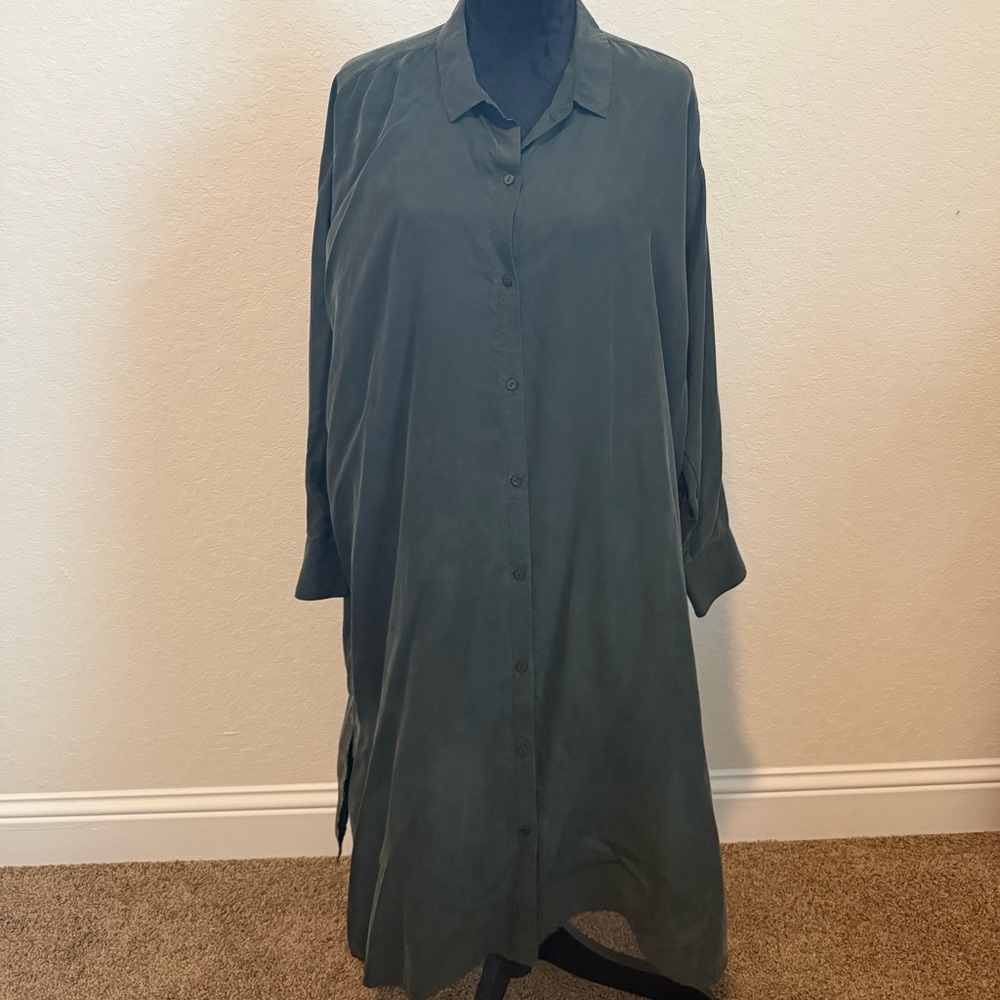 Eileen Fisher Silk Olive Green Shirt Dress